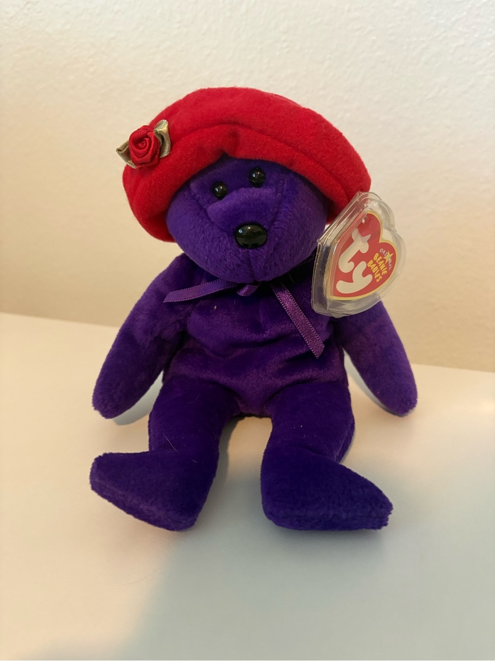 Ty Beanie Baby Ruby Bear Purple Red Hat Rose Retired Collectible w/ Tag